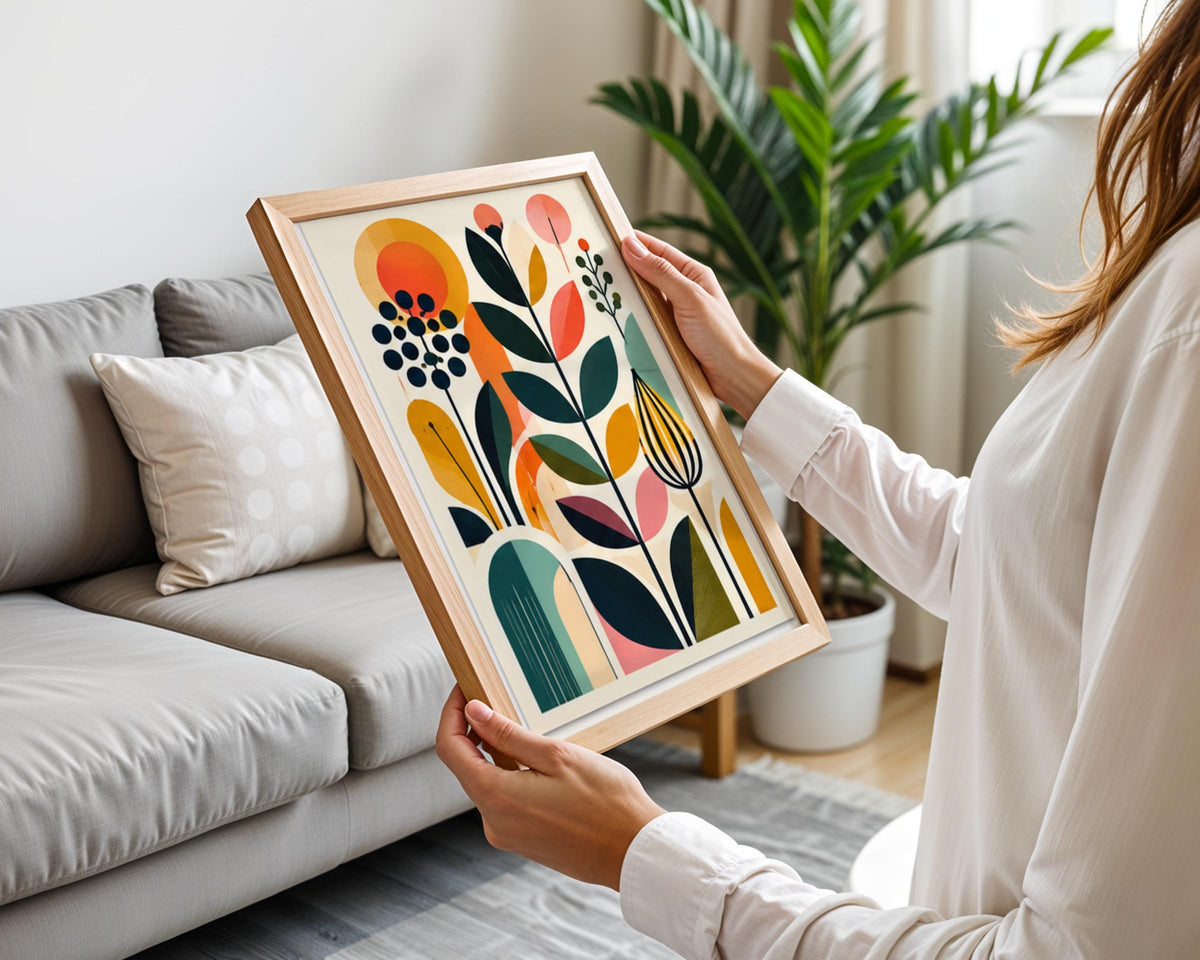 Mid Century Abstract Plants Poster, Geometric Botanical Wall Art, Retro Floral Print for Living Room