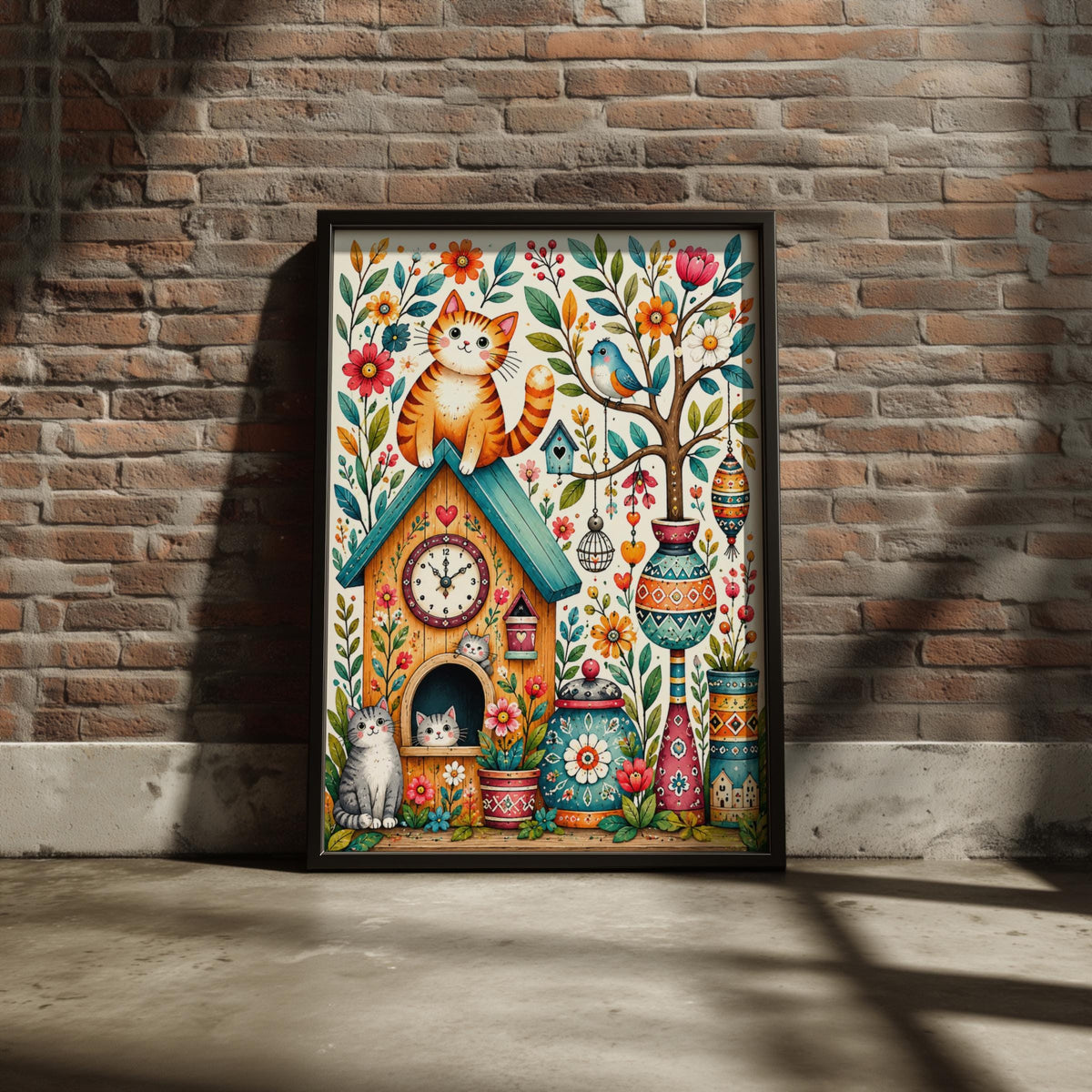 Whimsical Cat Clock House Print, Folk Art Floral Wall Art (Physical Poster)