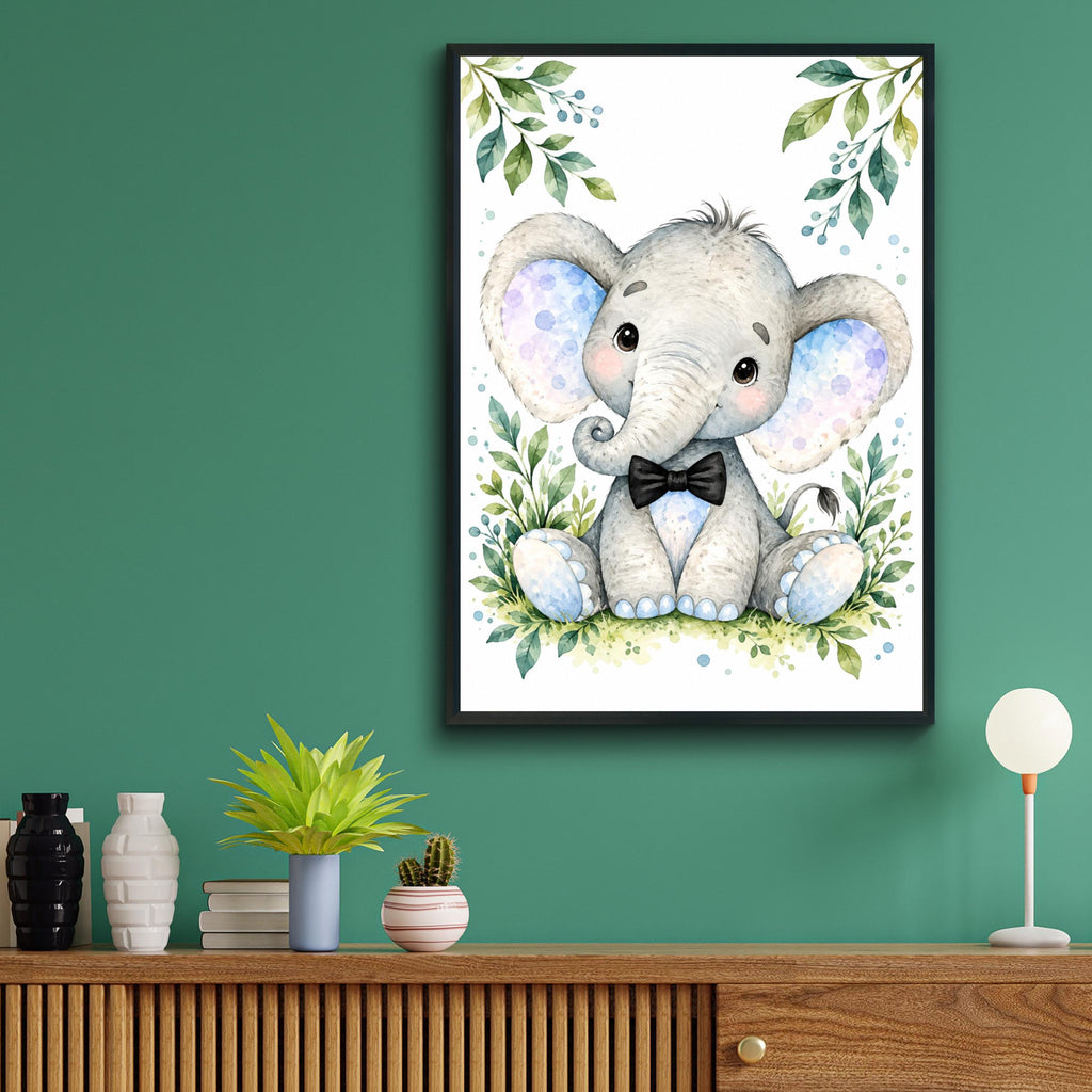 Baby Elephant Bow Tie Nursery Print, Watercolour Animal Wall Art (Ready to Frame)