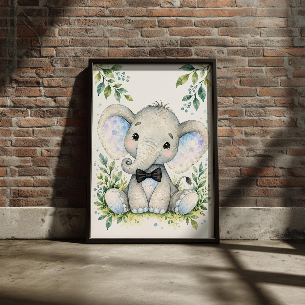 Baby Elephant Bow Tie Nursery Print, Watercolour Animal Wall Art (Ready to Frame)