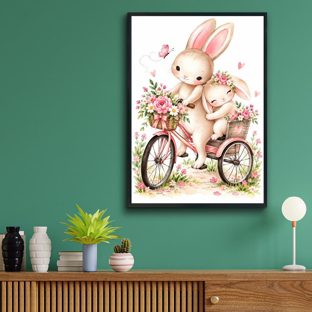 Watercolor Bunny Tricycle Print, Pink Floral Nursery Wall Art (Physical Poster)