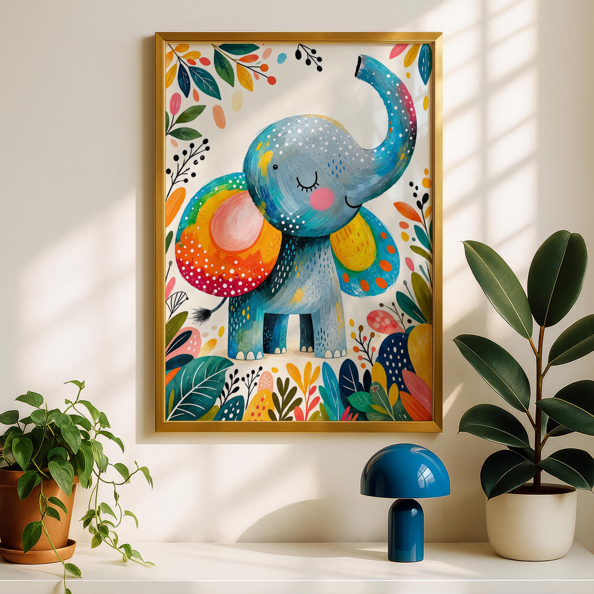 Rainbow Elephant Nursery Print, Jungle Animal Wall Art, Children's Room Decor