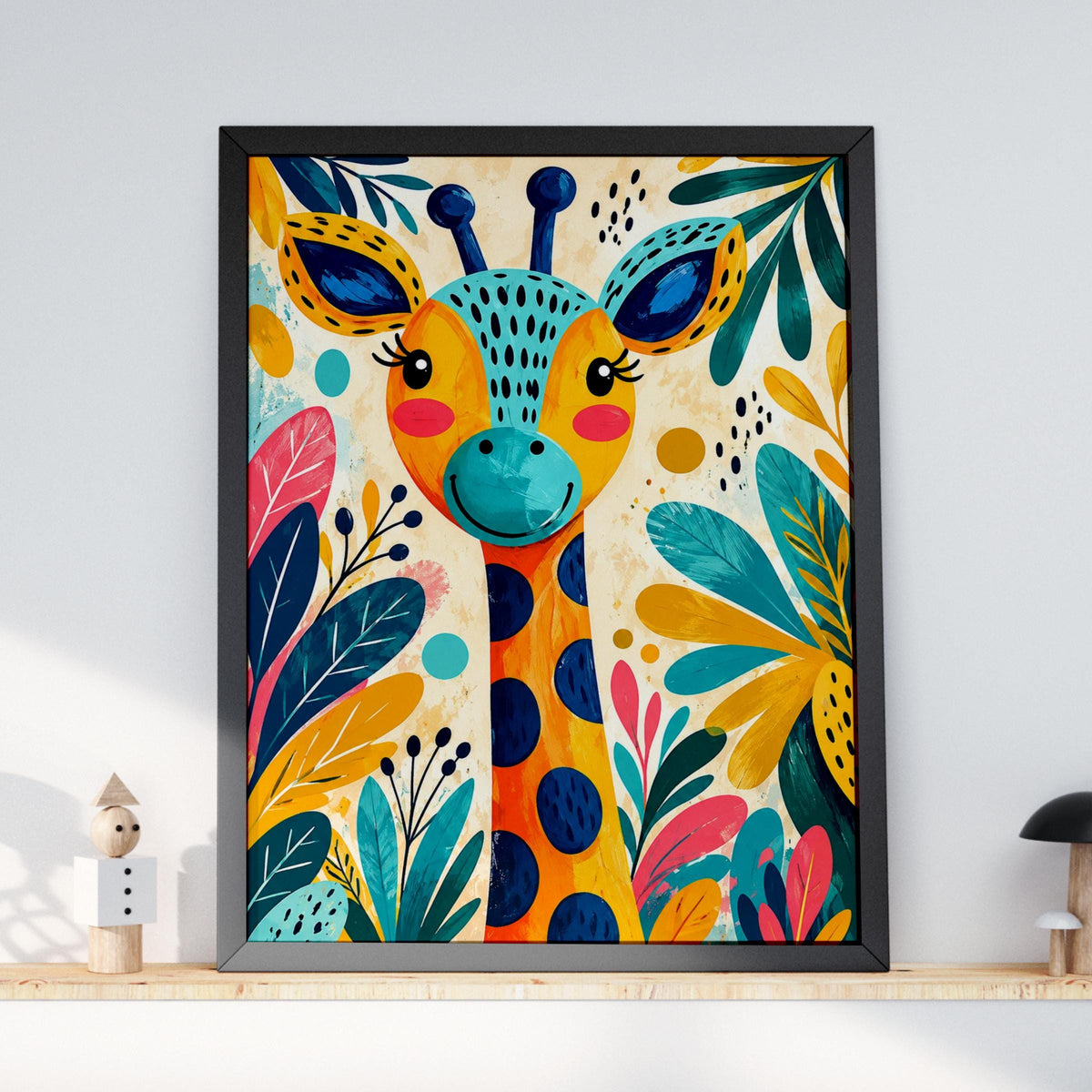 Colorful Giraffe Jungle Print, Tropical Leaves Nursery Art (Digital Download)
