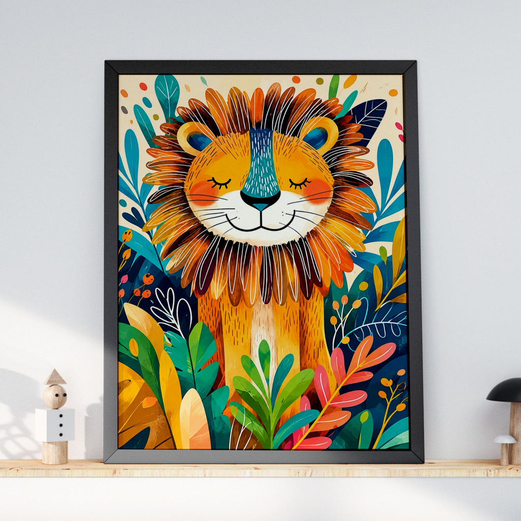 Bold Jungle Lion Poster, Tropical Nursery Art, Vibrant Children's Wall Decor