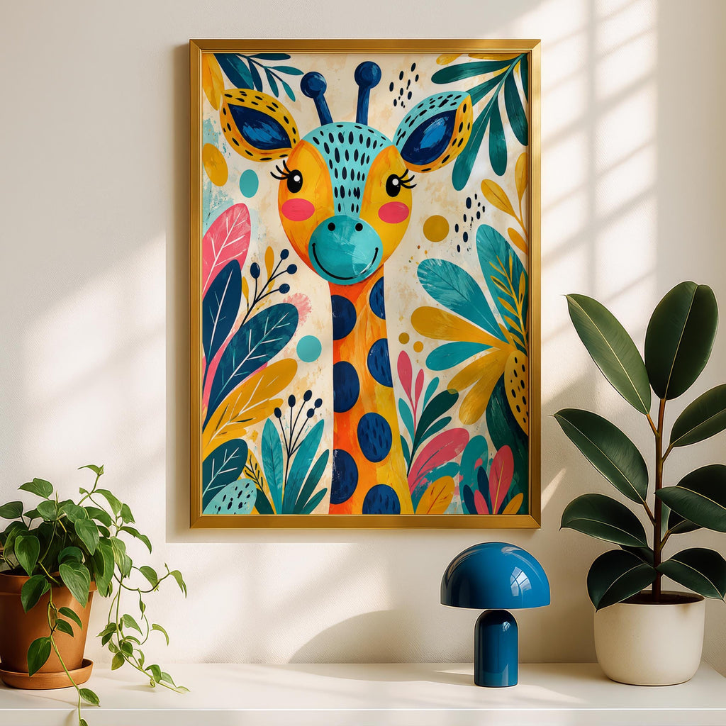 Colorful Giraffe Jungle Print, Tropical Leaves Nursery Art (Digital Download)