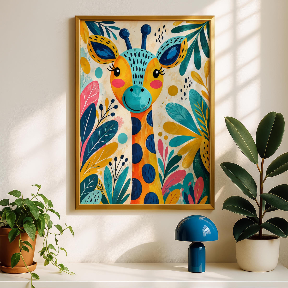 Colorful Giraffe Jungle Print, Tropical Leaves Nursery Art (Digital Download)