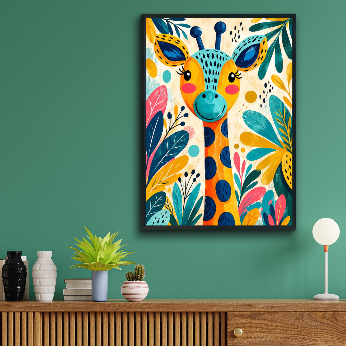 Colorful Giraffe Jungle Print, Tropical Leaves Nursery Art (Digital Download)