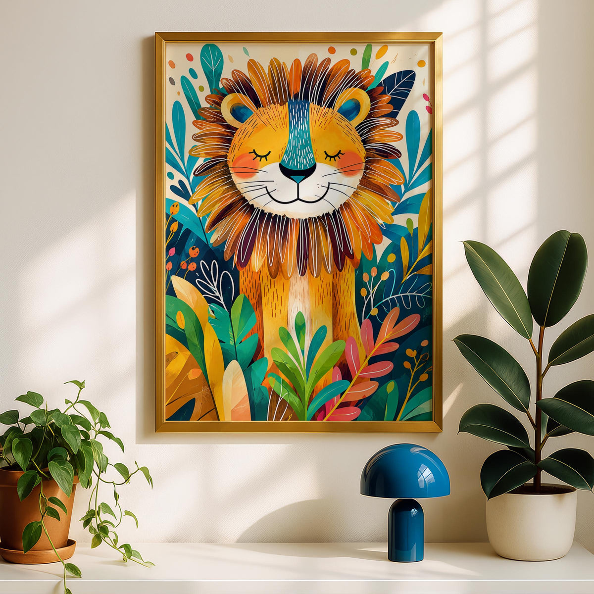 Bold Jungle Lion Poster, Tropical Nursery Art, Vibrant Children's Wall Decor