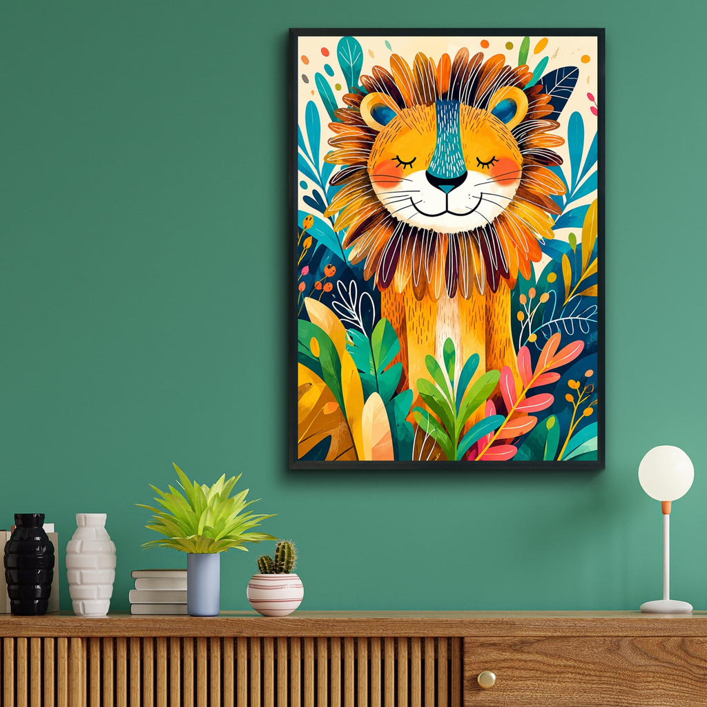 Bold Jungle Lion Poster, Tropical Nursery Art, Vibrant Children's Wall Decor