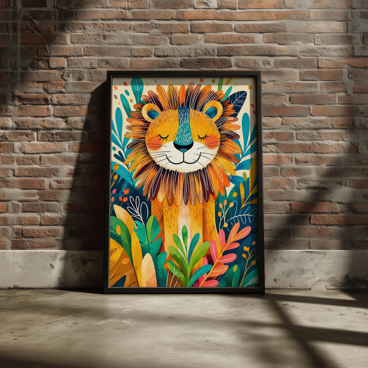 Bold Jungle Lion Poster, Tropical Nursery Art, Vibrant Children's Wall Decor