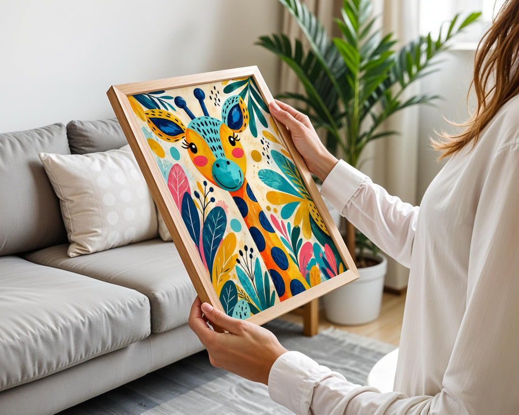 Colorful Giraffe Jungle Print, Tropical Leaves Nursery Art (Digital Download)