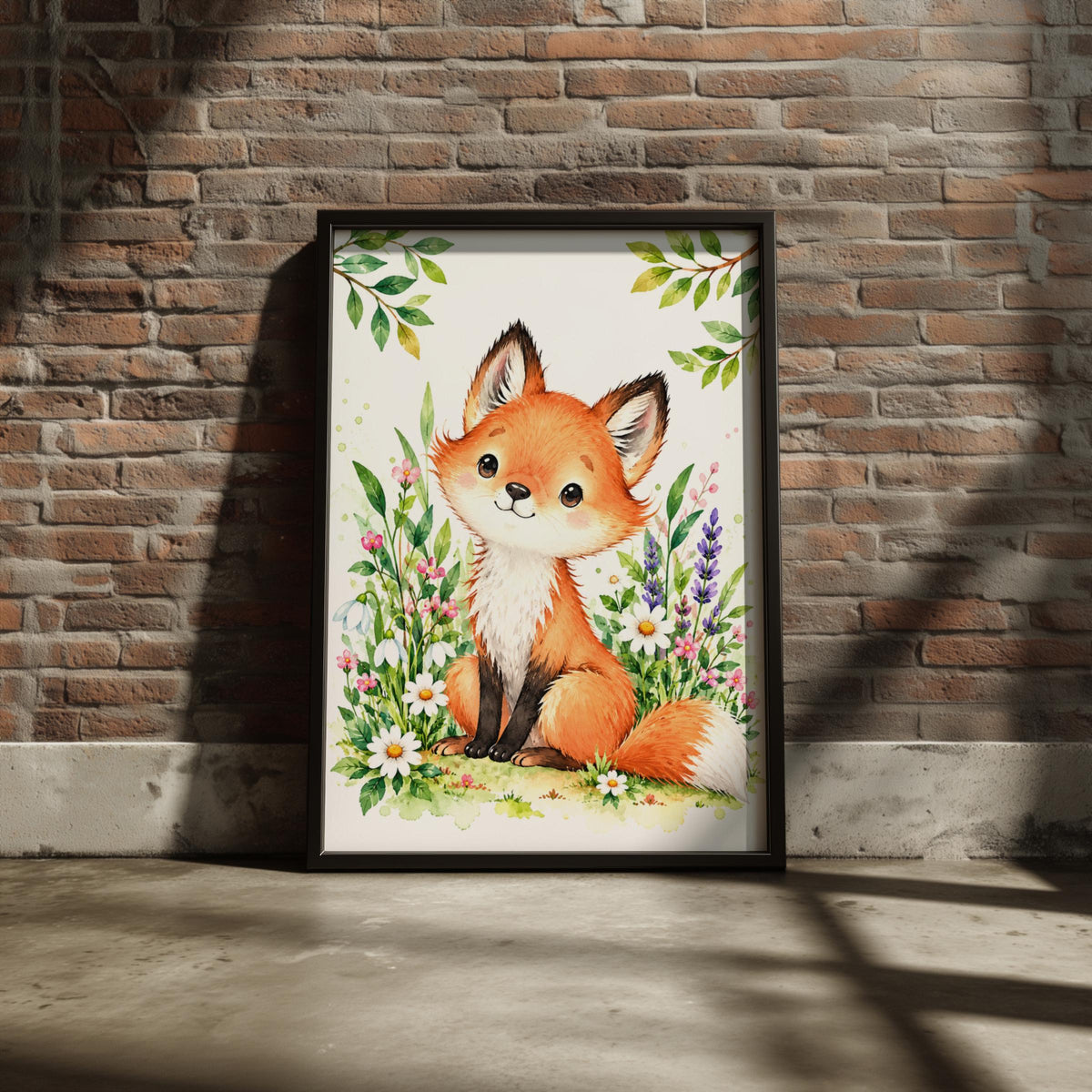 Watercolour Baby Fox Nursery Print, Floral Wildflowers, Woodland Animal Wall Art (Digital Download)