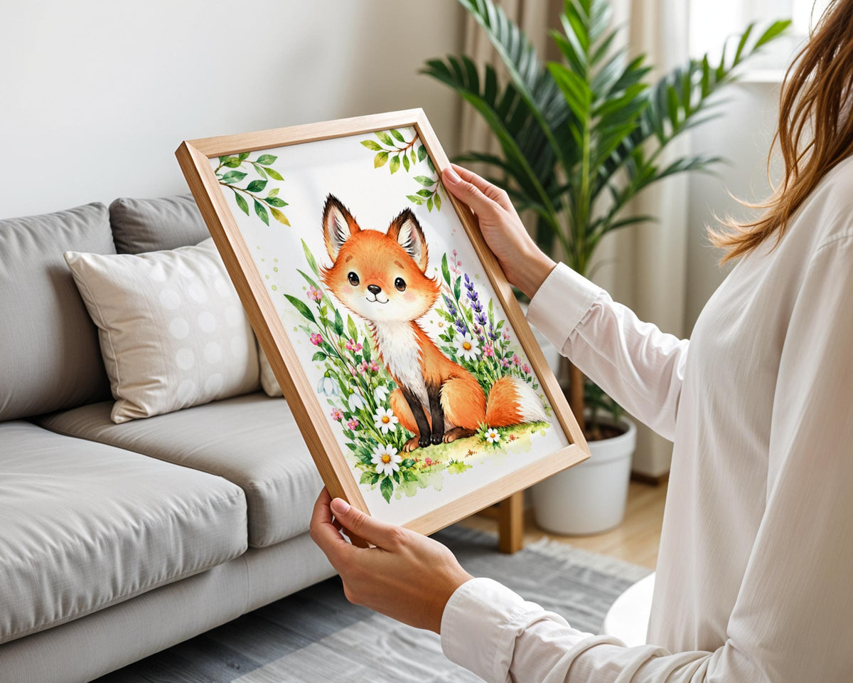 Watercolour Baby Fox Nursery Print, Floral Wildflowers, Woodland Animal Wall Art (Digital Download)