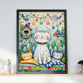 Whimsical Cat Garden Art Print, Watercolour Kitten Nursery Decor (A4)