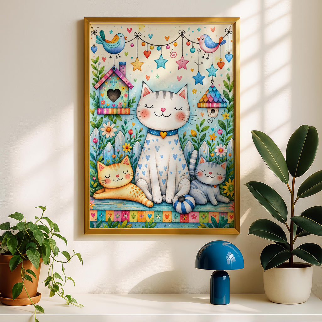 Whimsical Cat Garden Art Print, Watercolour Kitten Nursery Decor (A4)