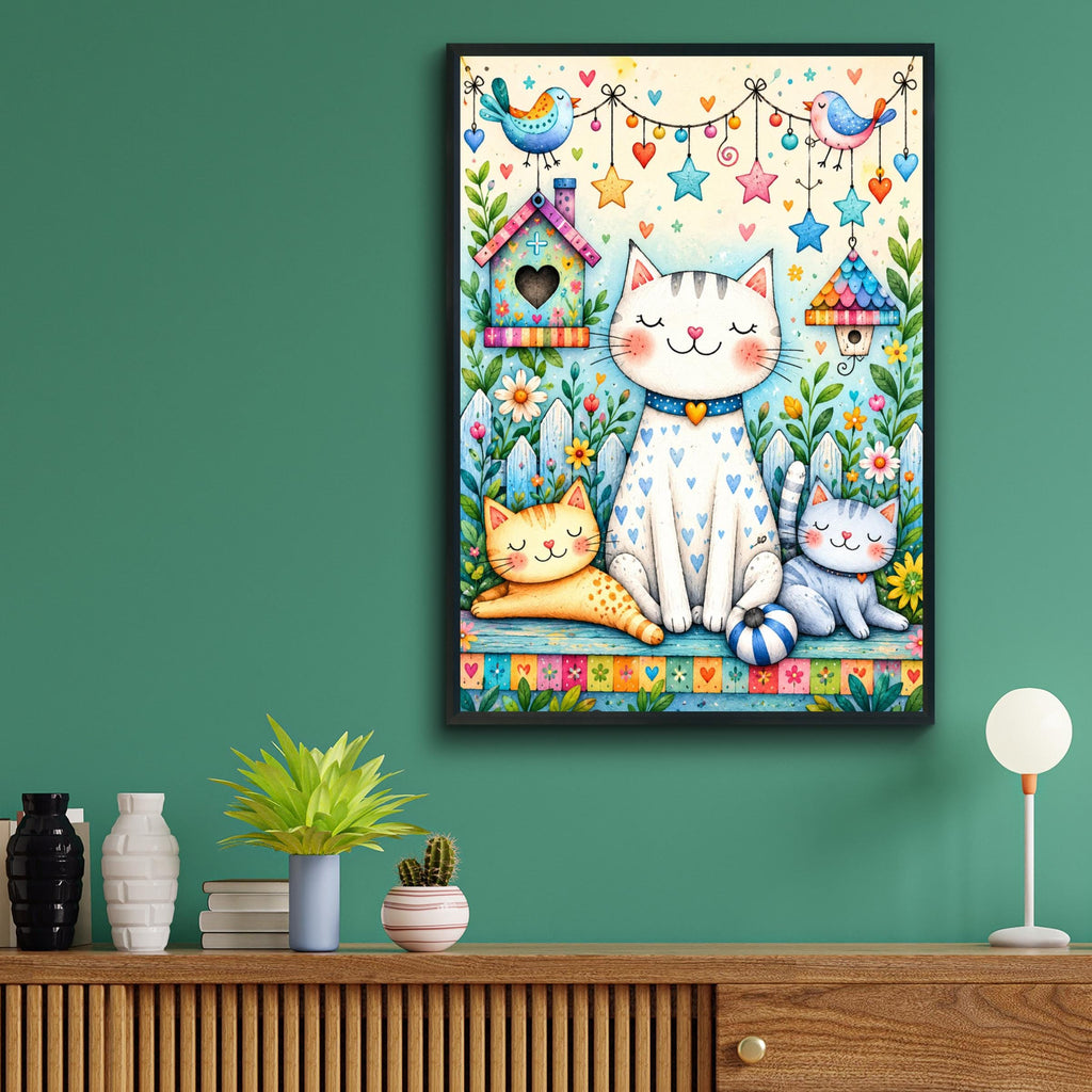 Whimsical Cat Garden Art Print, Watercolour Kitten Nursery Decor (A4)