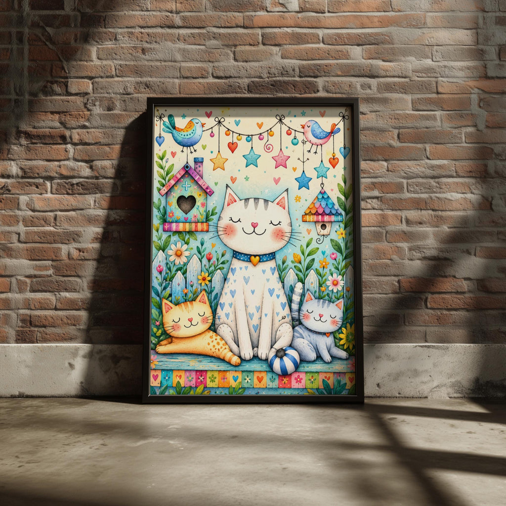 Whimsical Cat Garden Art Print, Watercolour Kitten Nursery Decor (A4)