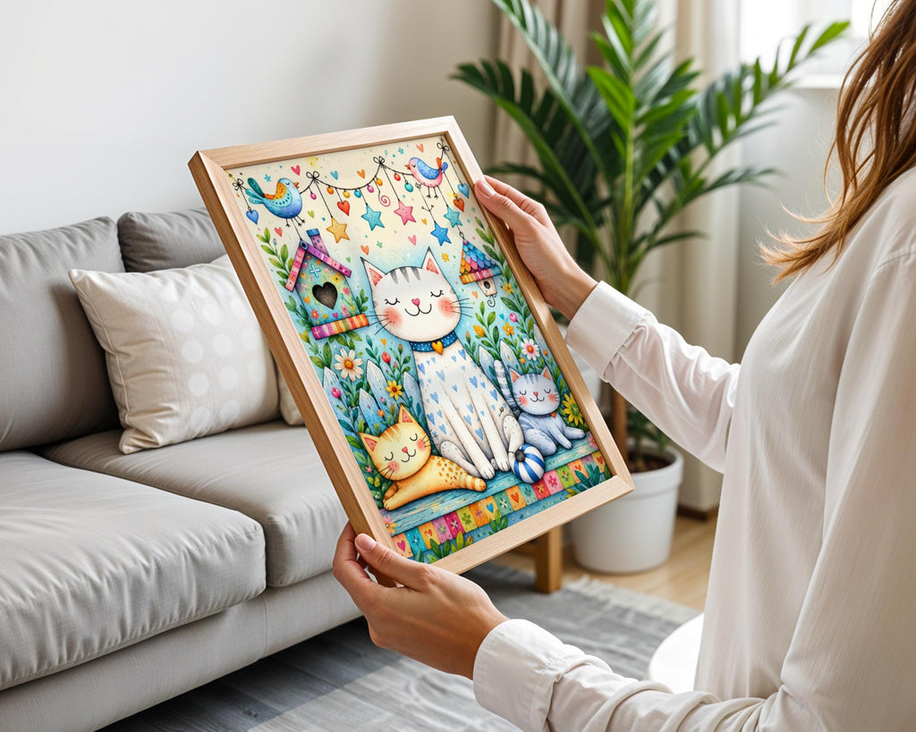 Whimsical Cat Garden Art Print, Watercolour Kitten Nursery Decor (A4)