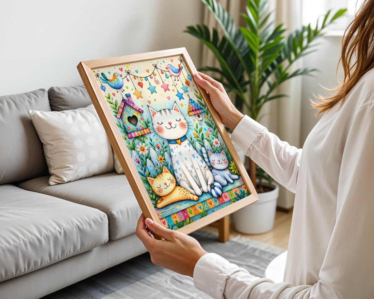 Whimsical Cat Garden Art Print, Watercolour Kitten Nursery Decor (A4)