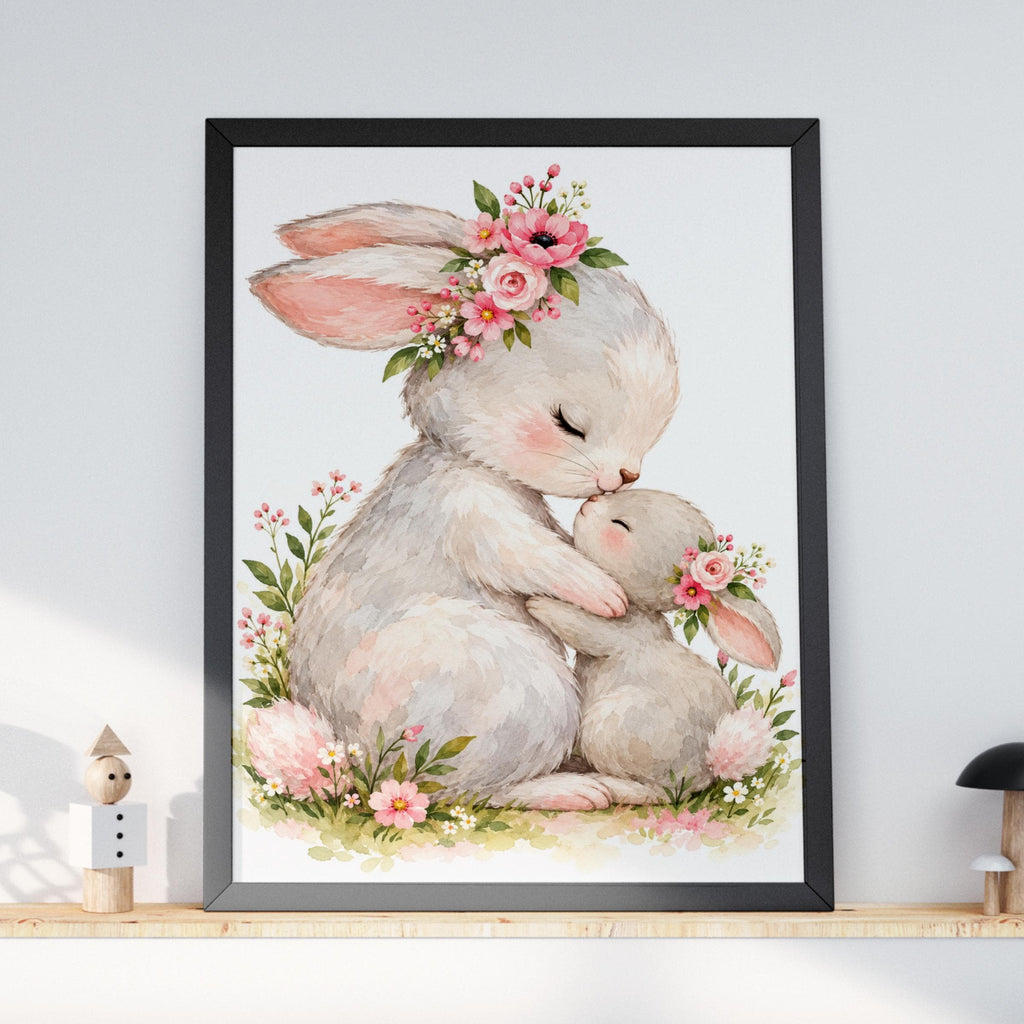 Mother and Baby Bunny Watercolour Print, Floral Nursery Wall Art (Physical Poster)