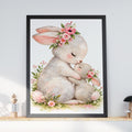 Mother and Baby Bunny Watercolour Print, Floral Nursery Wall Art (Physical Poster)