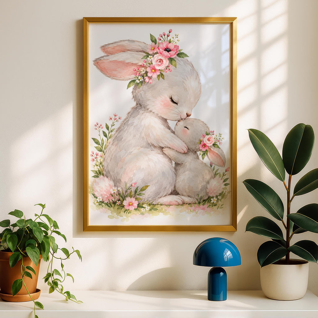 Mother and Baby Bunny Watercolour Print, Floral Nursery Wall Art (Physical Poster)