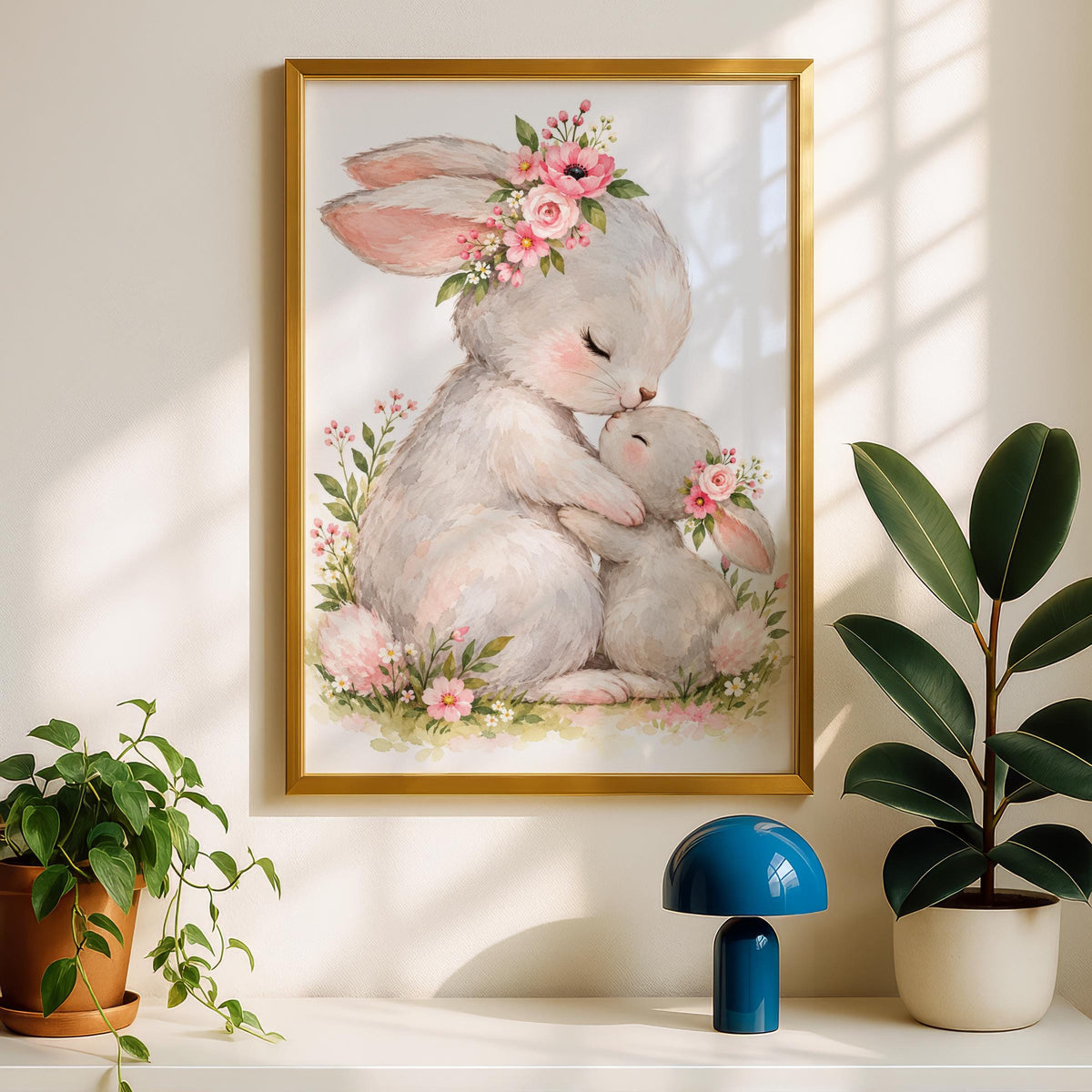 Mother and Baby Bunny Watercolour Print, Floral Nursery Wall Art (Physical Poster)