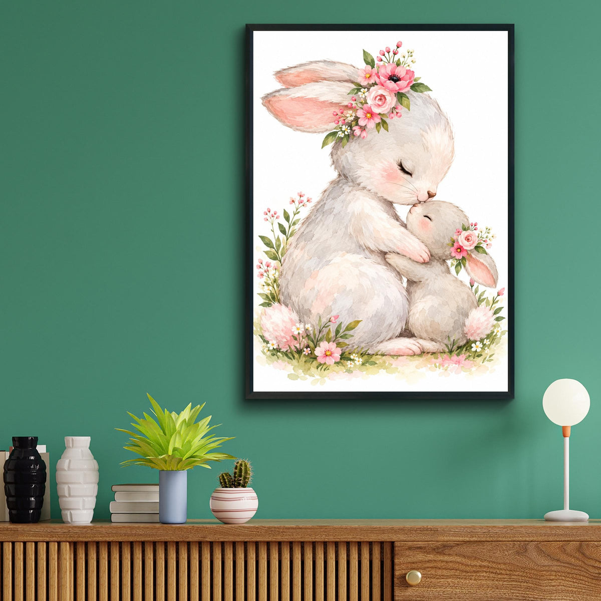 Mother and Baby Bunny Watercolour Print, Floral Nursery Wall Art (Physical Poster)