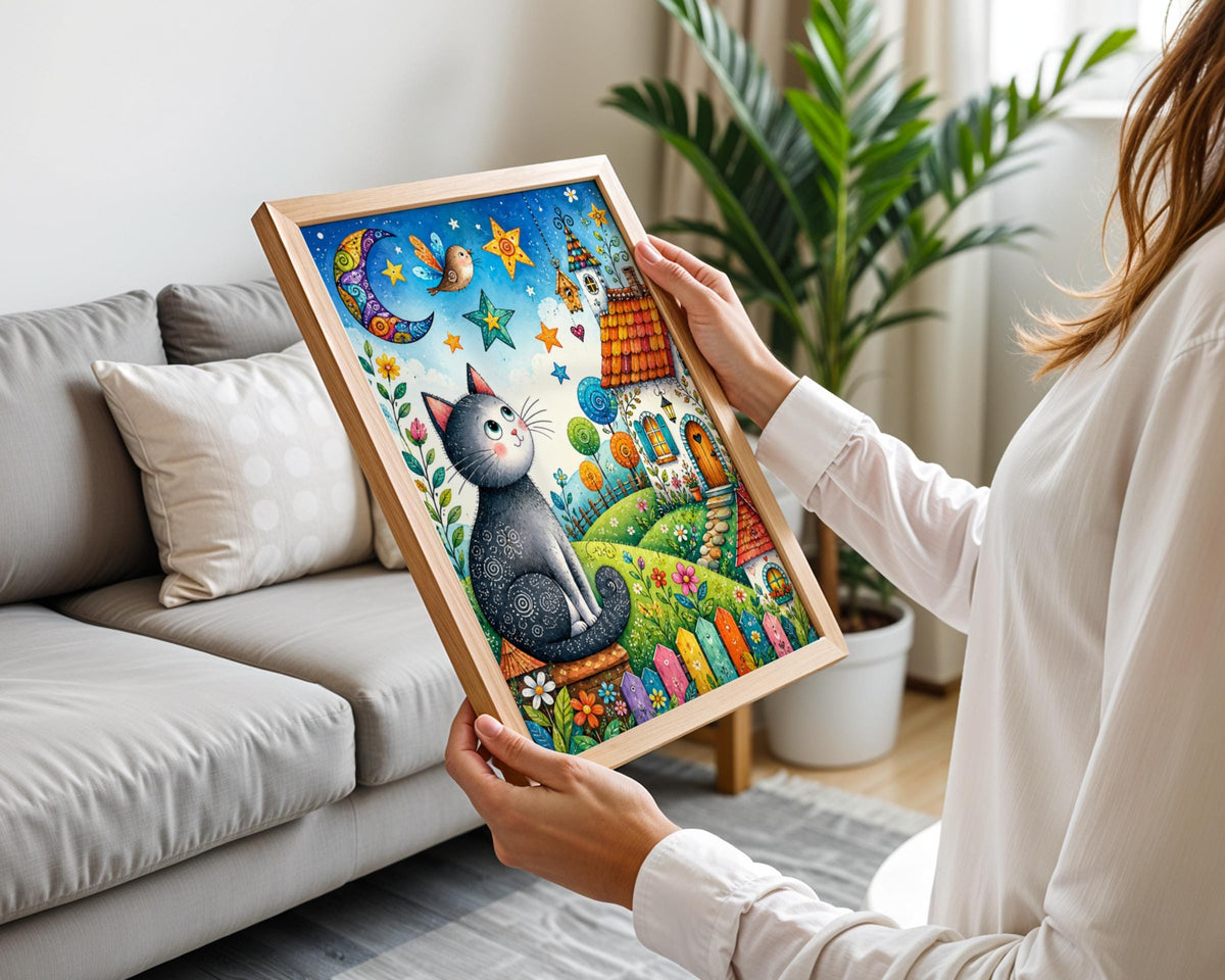 Whimsical Cat Moon Poster, Folk Art Cottage Garden Wall Art (Physical Print)