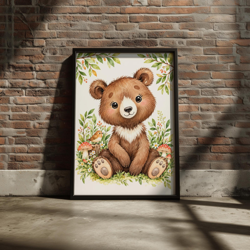 Watercolour Baby Bear Nursery Print, Forest Animals, Daisies, Mushrooms (Digital Download)