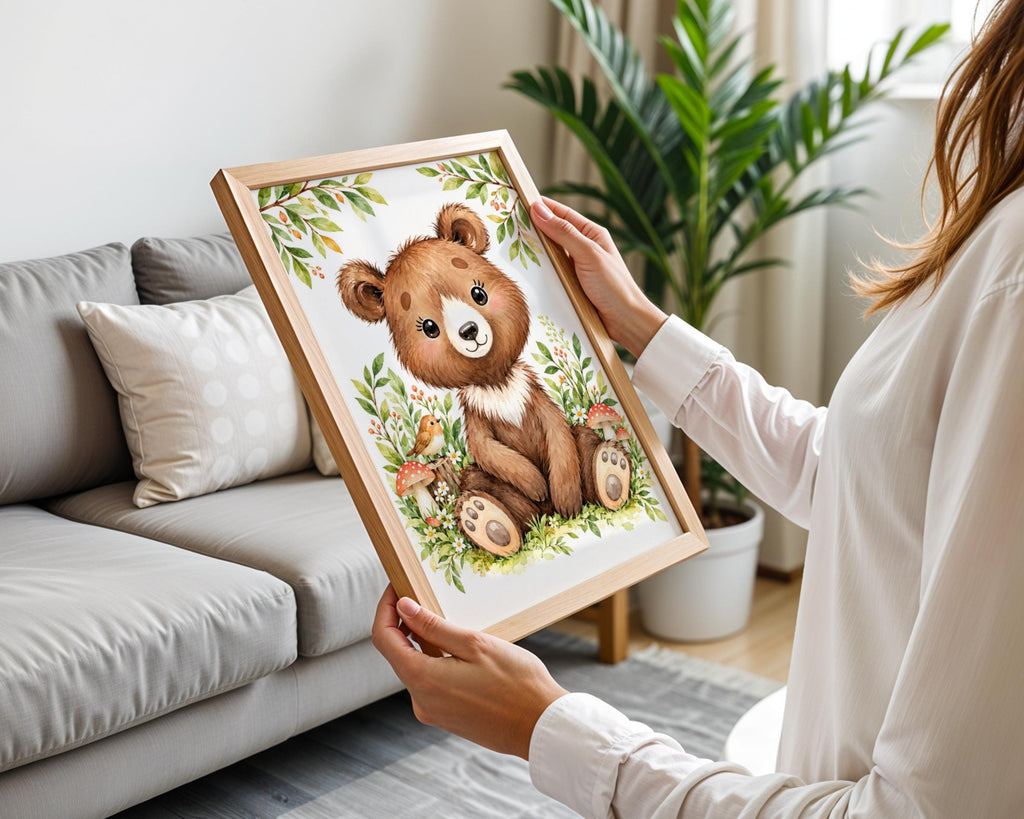 Watercolour Baby Bear Nursery Print, Forest Animals, Daisies, Mushrooms (Digital Download)