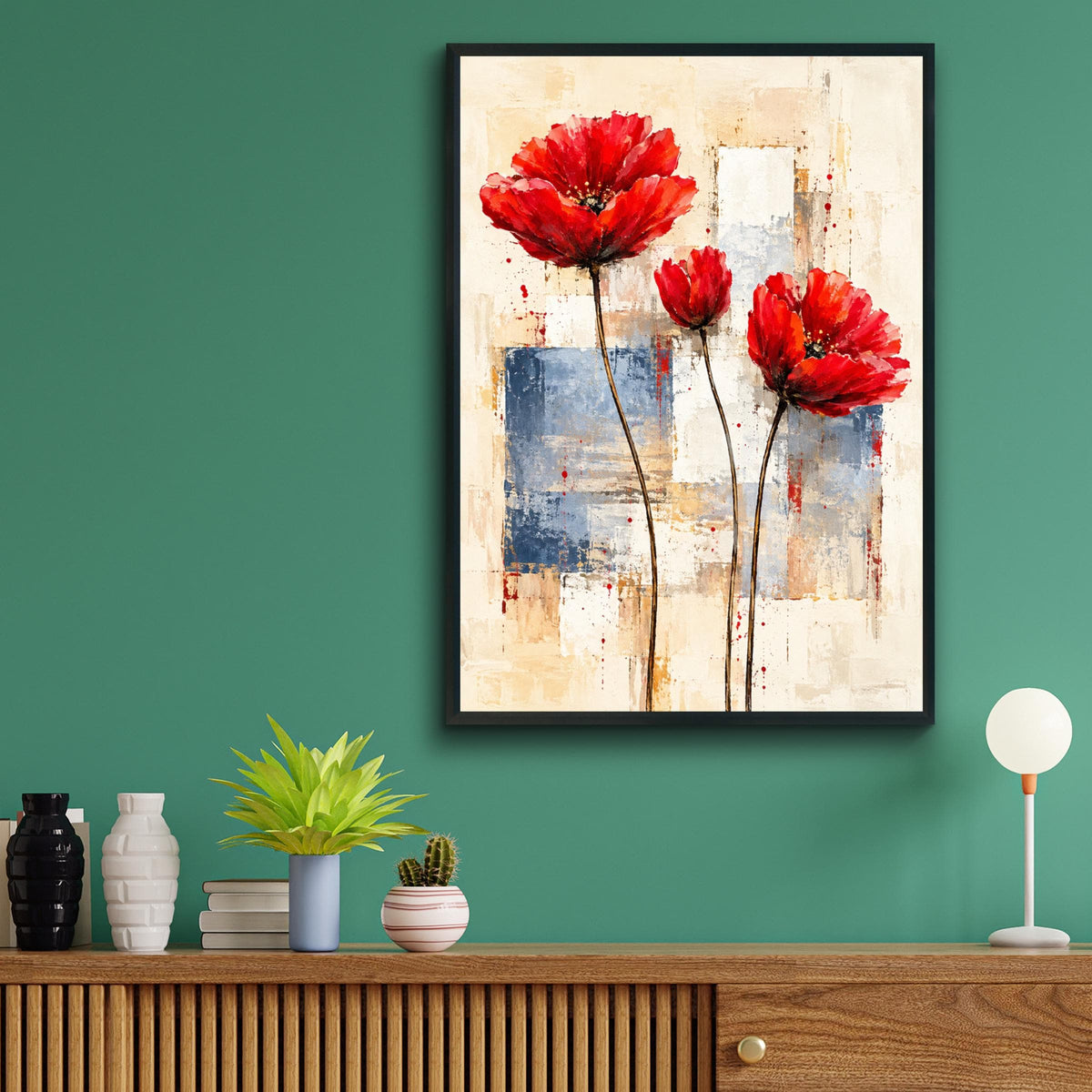 Abstract Red Poppies Art Print, Botanical Floral Poster, Modern Wall Decor