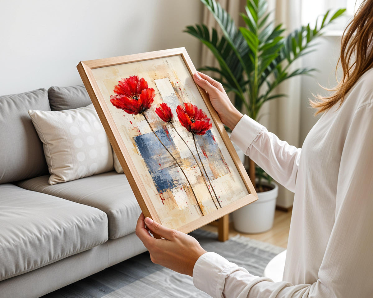Abstract Red Poppies Art Print, Botanical Floral Poster, Modern Wall Decor