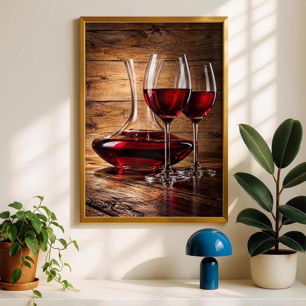 Red Wine Decanter & Glasses Wall Art Print, Rustic Kitchen Poster (Digital Download)