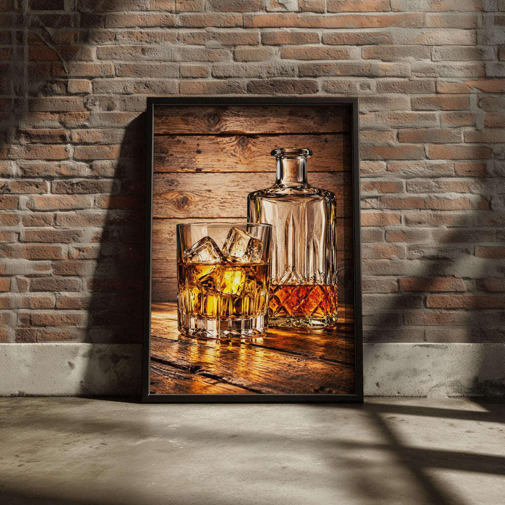 Rustic Whiskey Decanter Print, Bourbon Bar Cart Art, Man Cave Decor (Ready to Frame)
