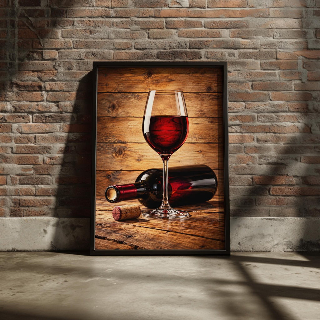 Rustic Red Wine Glass Bottle Cork Poster, Warm Wood Background, Kitchen Bar Wall Art