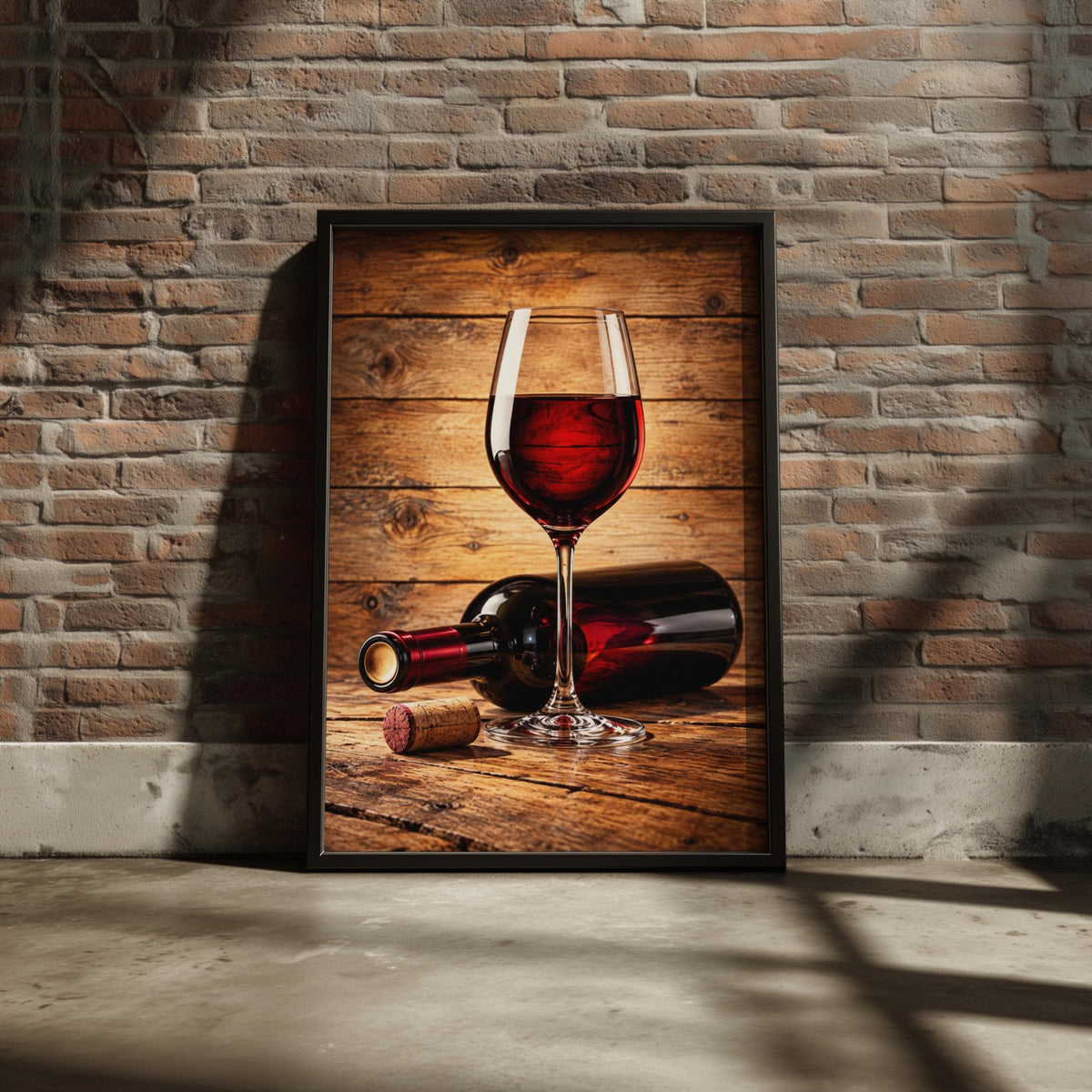 Rustic Red Wine Glass Bottle Cork Poster, Warm Wood Background, Kitchen Bar Wall Art
