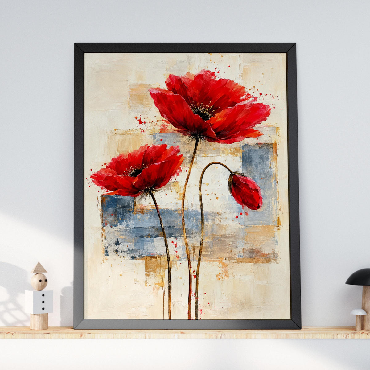 Abstract Red Poppies Wall Art Print, Bold Flower Poster, Cream Grey Gold Background