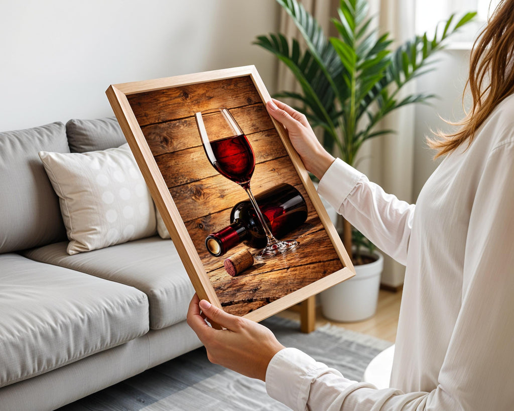 Rustic Red Wine Glass Bottle Cork Poster, Warm Wood Background, Kitchen Bar Wall Art