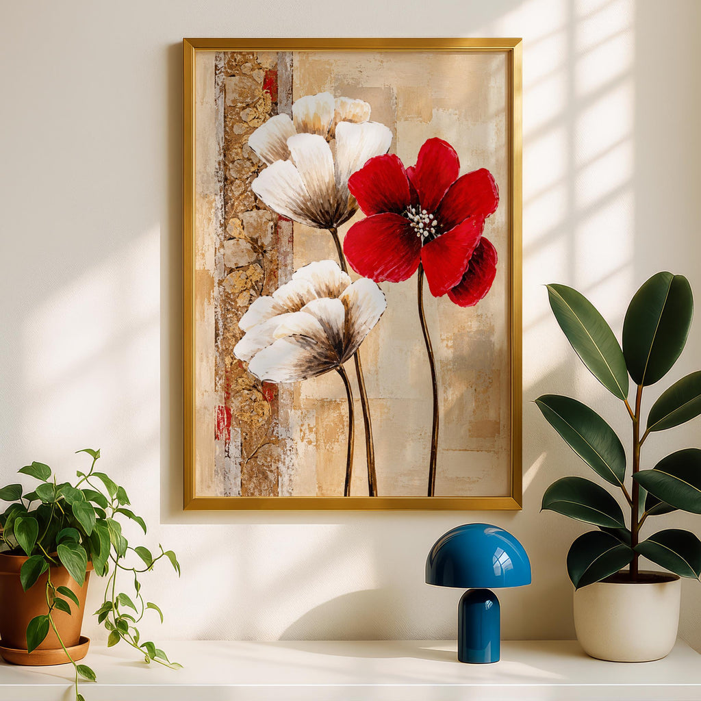 Red Ivory Poppy Floral Art Print, Abstract Botanical Wall Decor (240gsm Paper)