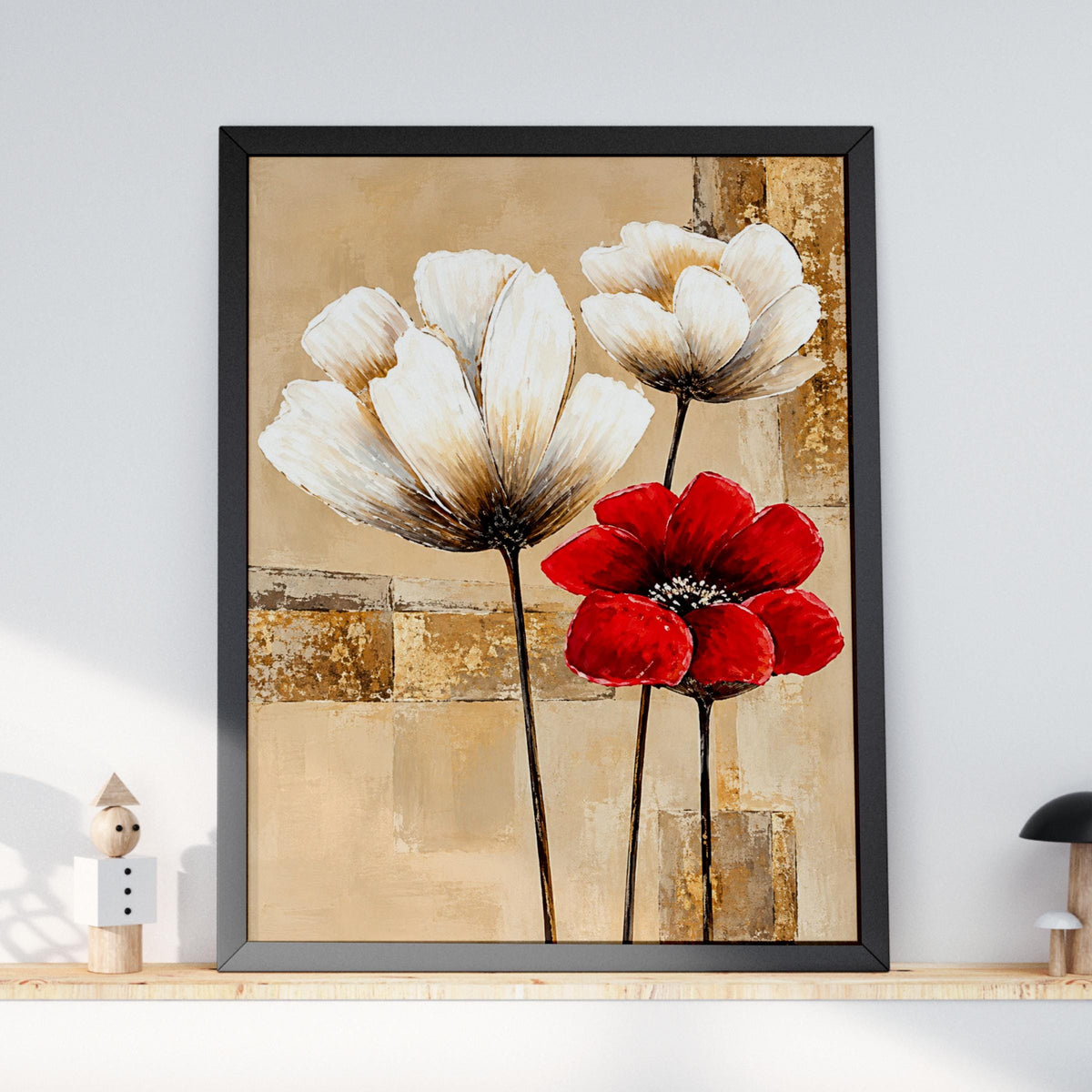 Ivory Red Poppy Floral Abstract Art Print, Beige Gold Botanical Poster (Ready to Frame)