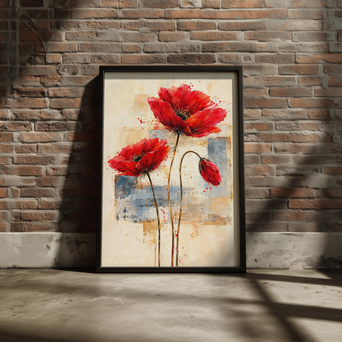Abstract Red Poppies Wall Art Print, Bold Flower Poster, Cream Grey Gold Background