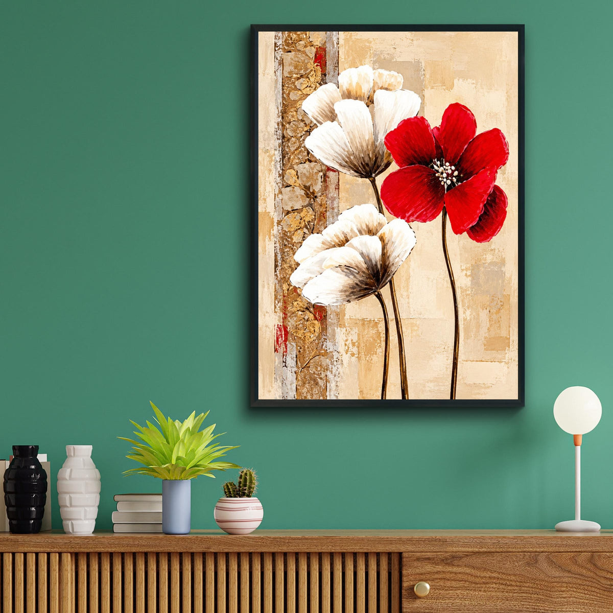 Red Ivory Poppy Floral Art Print, Abstract Botanical Wall Decor (240gsm Paper)