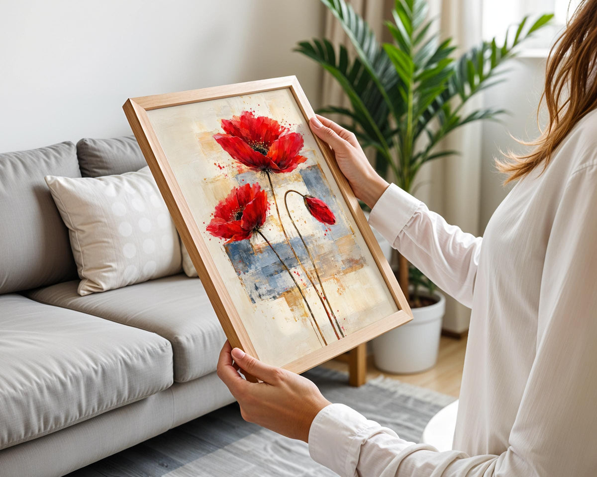 Abstract Red Poppies Wall Art Print, Bold Flower Poster, Cream Grey Gold Background