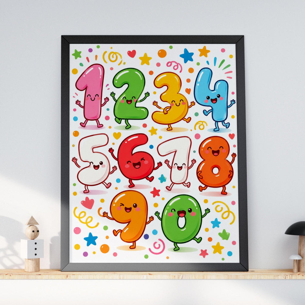 Kawaii Cartoon Numbers 1-10 Wall Art, Colorful Counting Poster (Physical Print)