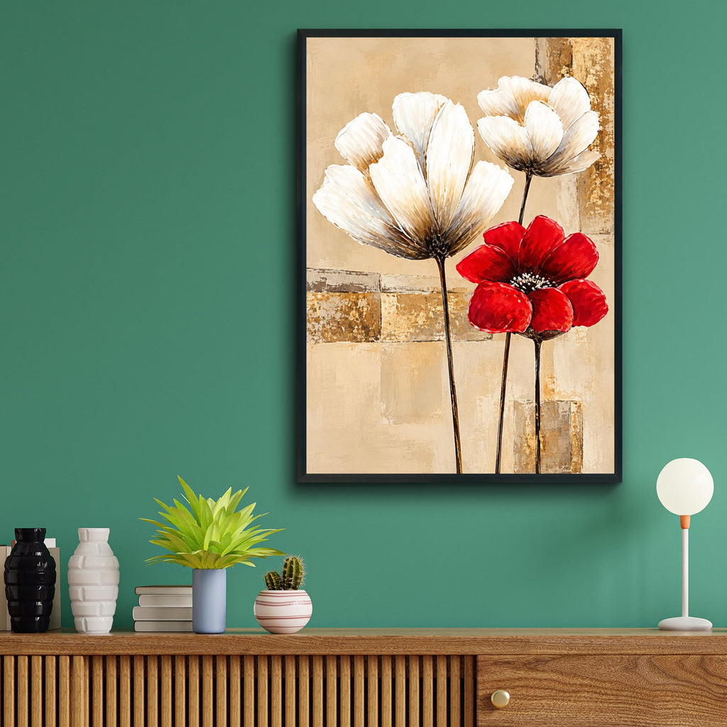 Ivory Red Poppy Floral Abstract Art Print, Beige Gold Botanical Poster (Ready to Frame)