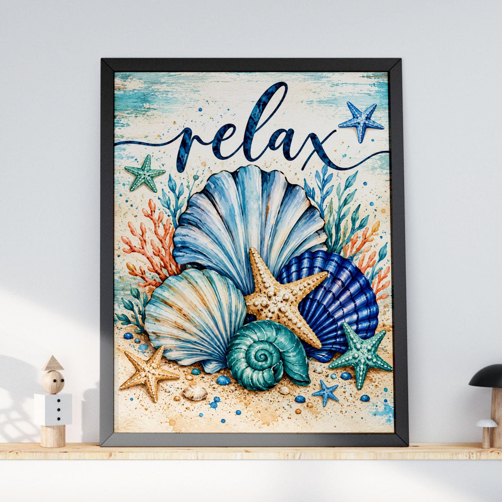 Coastal Seashell Wall Art Print, Watercolour Starfish, Teal Blue Ocean Decor (Printed to Order)