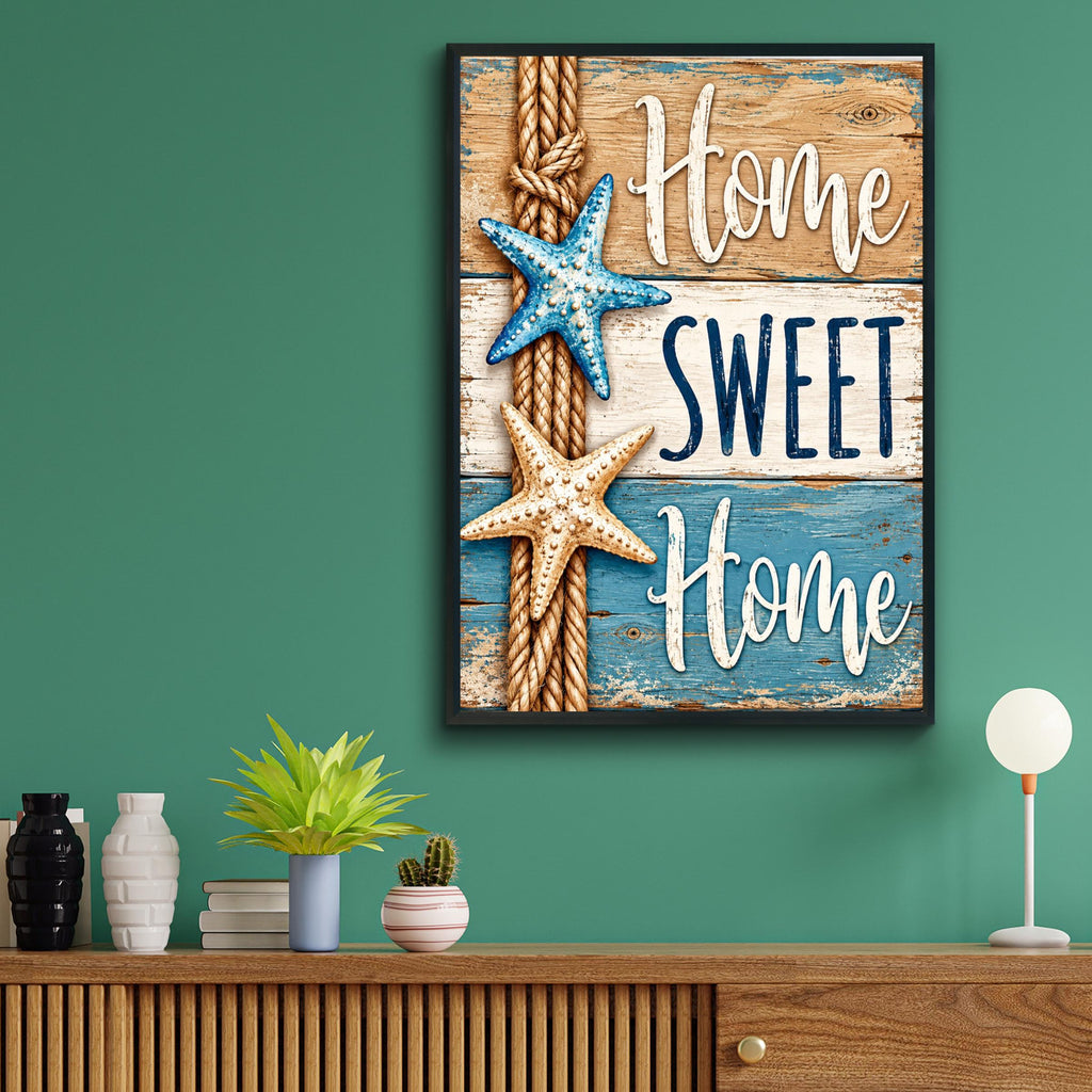 Coastal Home Sweet Home Print, Nautical Starfish Rope, Rustic Beach House Decor