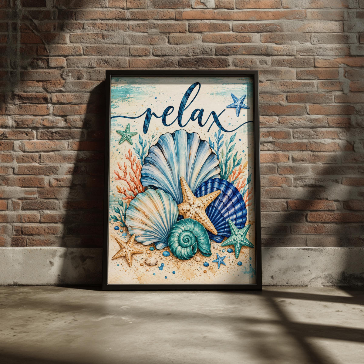 Coastal Seashell Wall Art Print, Watercolour Starfish, Teal Blue Ocean Decor (Printed to Order)