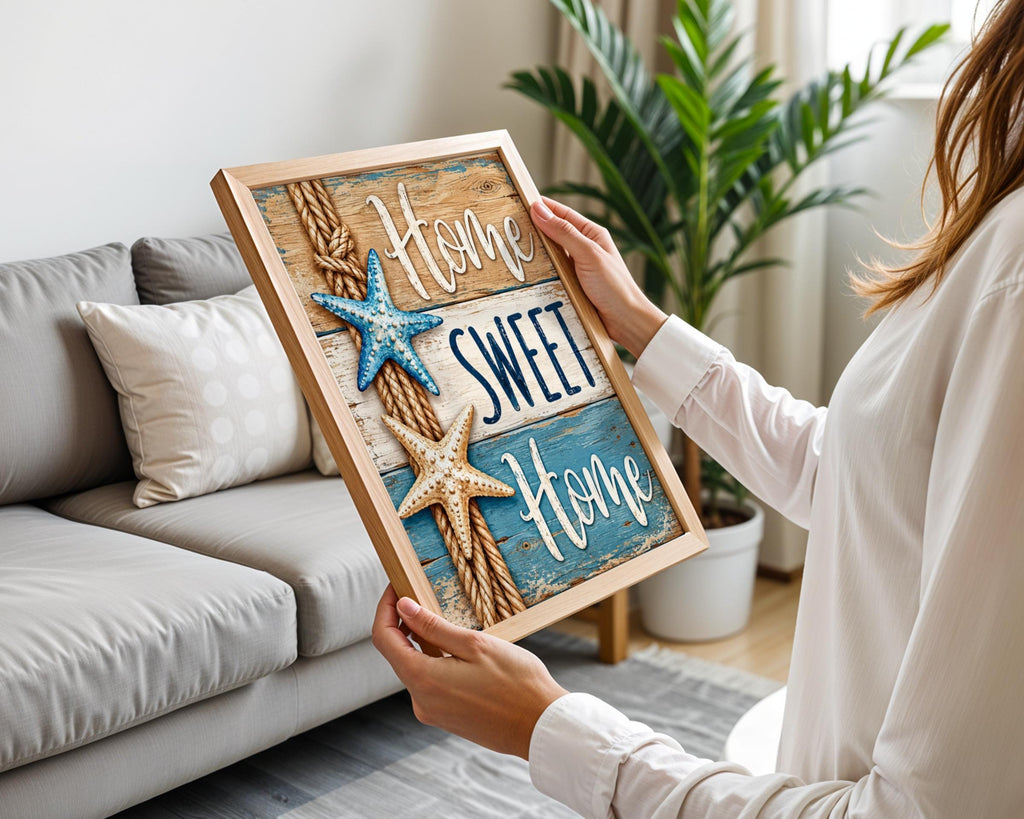 Coastal Home Sweet Home Print, Nautical Starfish Rope, Rustic Beach House Decor
